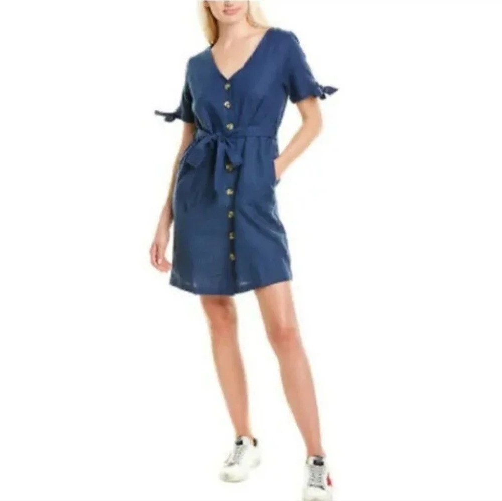Jennifer & Grace Blue Linen Blend Button Down Dress Size Women's Medium